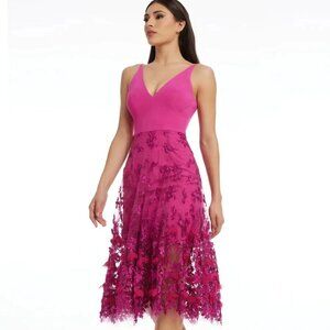 Dress the Population Darlene Floral Midi Dress in Fucsia-Size Small-Fairy**READ*